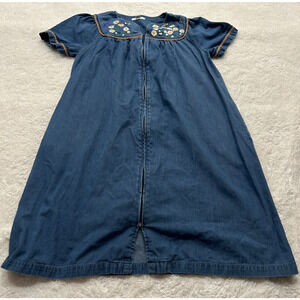 Go Softly Patio Dress Denim Zip Embroidered Floral Bumble Bee M Cotton Cottage